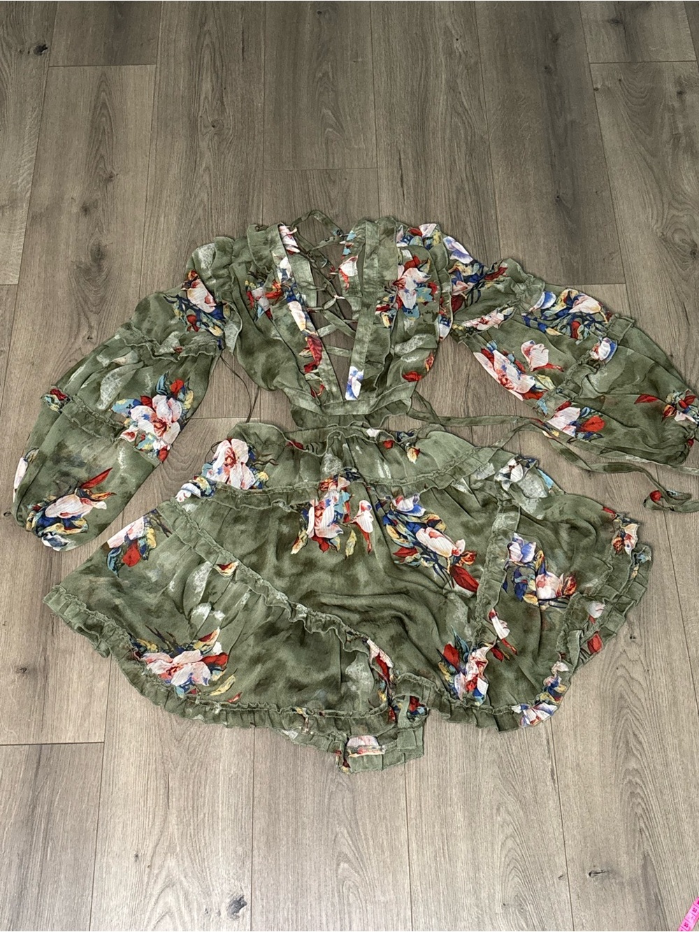 Olive Green Floral Ruffle Two-Piece Set - Picture 6 of 9